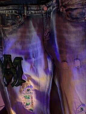 AMIRI Blue Washed Denim Jeans with Green Patch